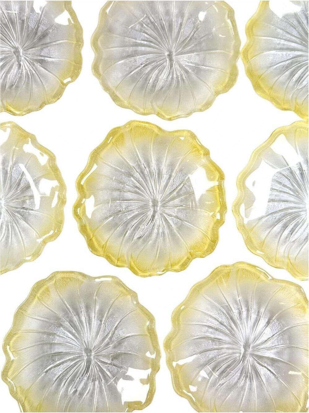 Set of 8 Vintage Indiana Glass Pebble Leaf Yellow Canary Frosted